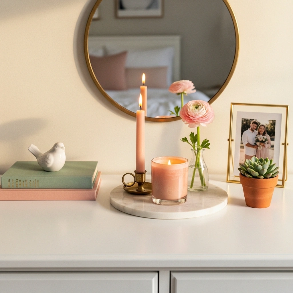  Spring bedroom dresser refresh with gold mirror marble tray blush candle ranunculus bud vase sage book stack ceramic bird and terracotta succulent for spring bedroom makeover ideas