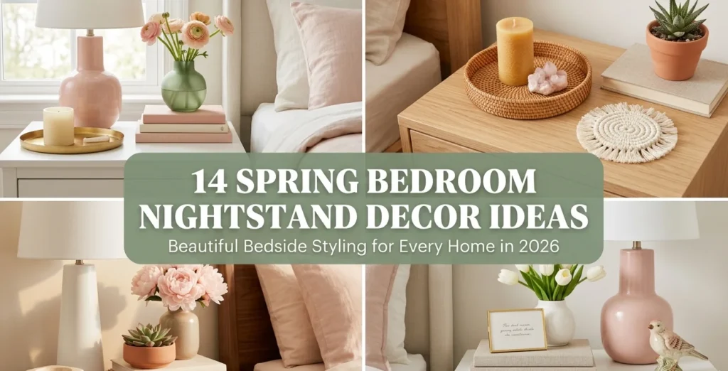 14 spring bedroom nightstand decor ideas collage showing blush lamp sage ranunculus vignette cozy rattan tray with candle and crystal layered walnut nightstand with peony and books and personal white nightstand with tulips and ceramic bird for spring bedside table decor ideas 2026