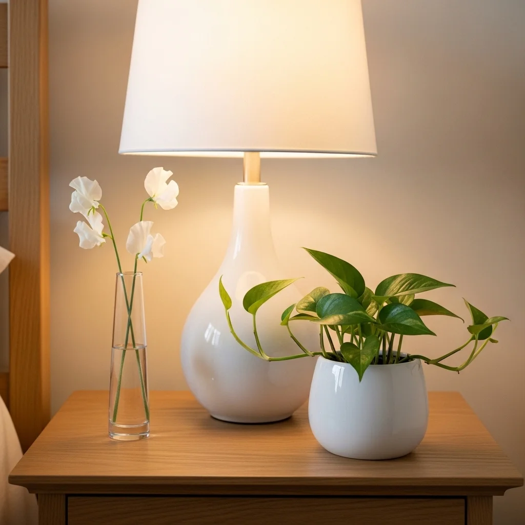 Spring bedroom nightstand with small trailing pothos in white ceramic planter white lamp and sweet pea bud vase on natural wood bedside table for spring bedroom nightstand decor ideas