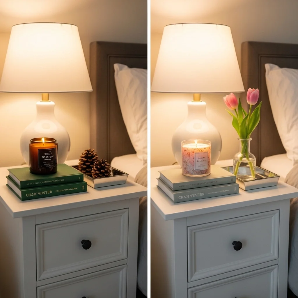 Spring bedroom nightstand seasonal swap comparison showing same nightstand styled for winter versus refreshed for spring with floral candle sage books and pink tulip for spring bedroom nightstand decor ideas
