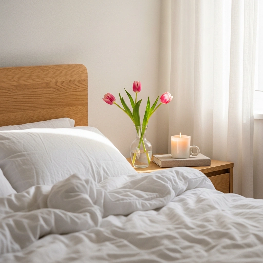 Freshly decluttered spring bedroom with clean white linen bed pink tulip bud vase linen book and cream candle on clear nightstand for spring bedroom refresh ideas on a budget 2026