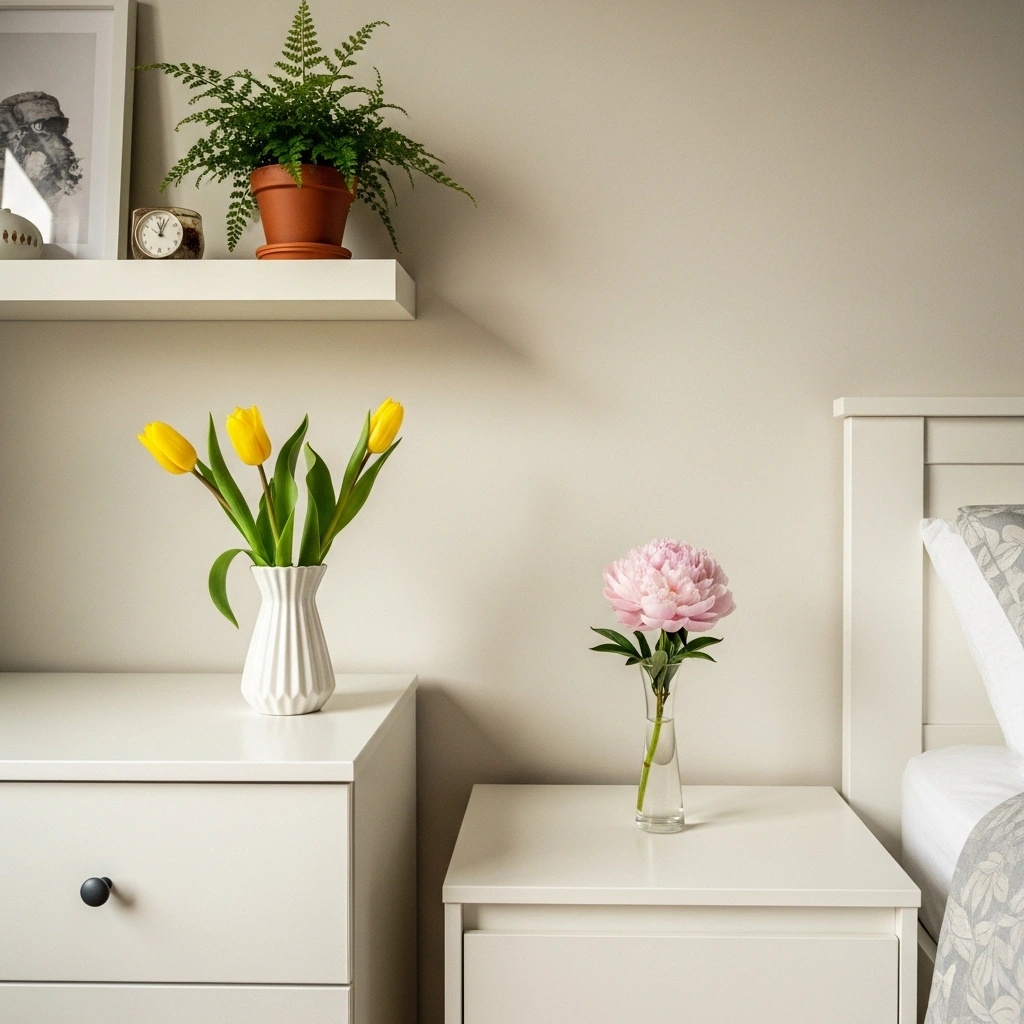 Spring bedroom refresh with yellow tulips on dresser blush peony nightstand bud vase and terracotta fern on shelf for fresh spring bedroom flowers and greenery ideas 2026