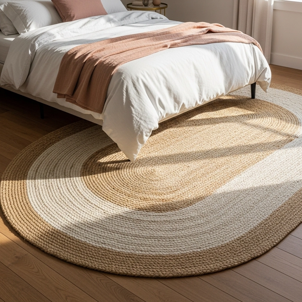 Spring bedroom refresh with large soft cream and natural jute flatweave oval rug under white and blush linen bed on warm wood flooring for spring bedroom makeover ideas 2026