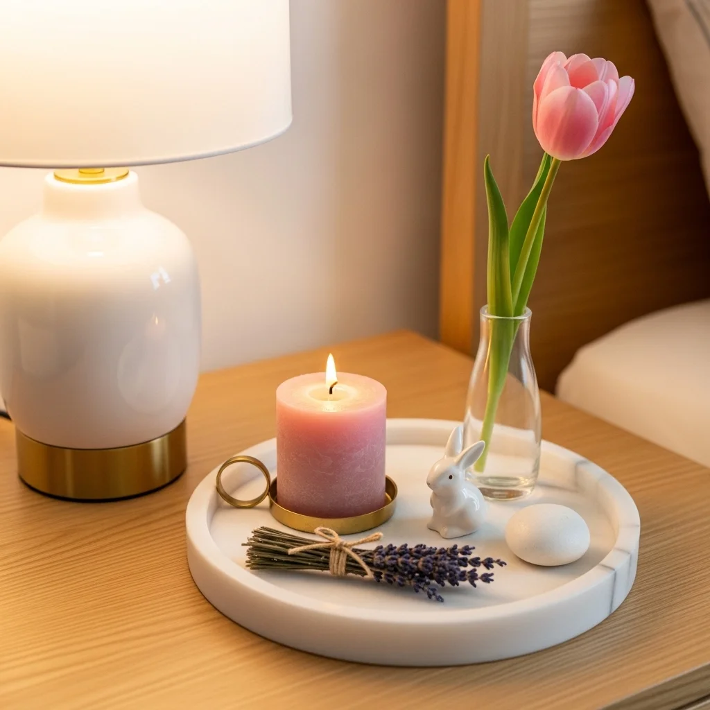 Round marble tray on spring bedroom nightstand with blush pillar candle brass holder ceramic bunny dried lavender and white pebble beside white lamp and pink tulip bud vase