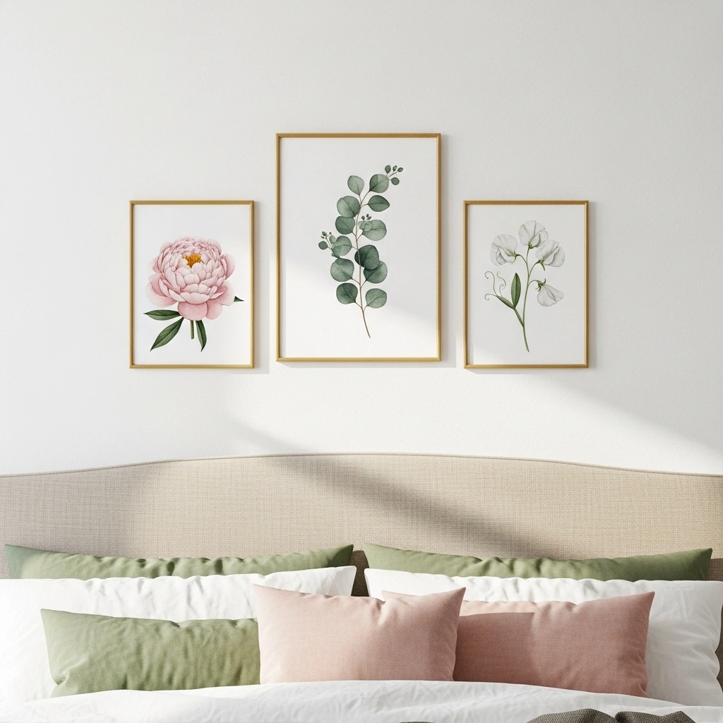 Spring bedroom wall art refresh with three botanical watercolour prints in thin brass frames showing blush peony sage eucalyptus and white sweet pea above linen headboard for spring bedroom makeover ideas