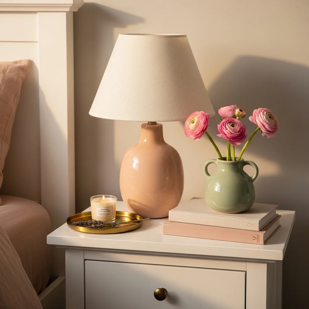 Cohesive spring bedside table decor with blush ceramic lamp sage green ranunculus vase blush book stack and gold tray with cream candle for spring bedside table decor ideas 2026