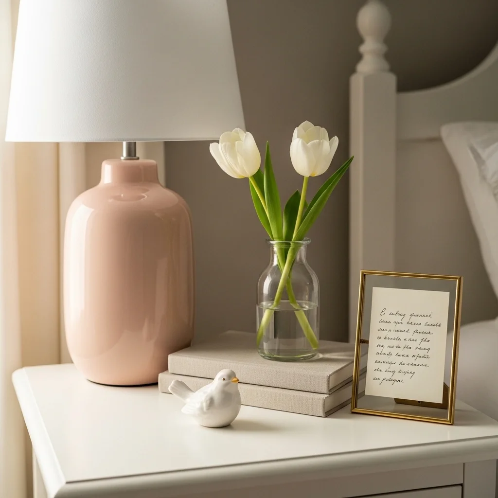 Personal spring bedroom nightstand with blush ceramic lamp white tulip vase linen books vintage ceramic bird figurine and slim gold frame personal note for spring bedside table decor ideas