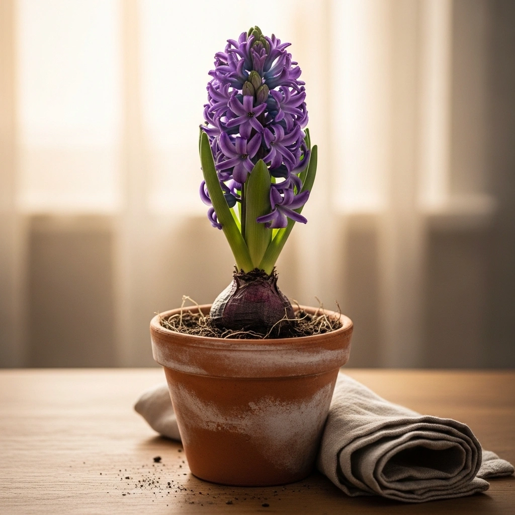 Spring centrepiece with potted purple hyacinth bulb in rough unglazed terracotta pot on natural wood kitchen table in warm morning window light with wrinkled linen napkin for spring centerpieces ideas 2026