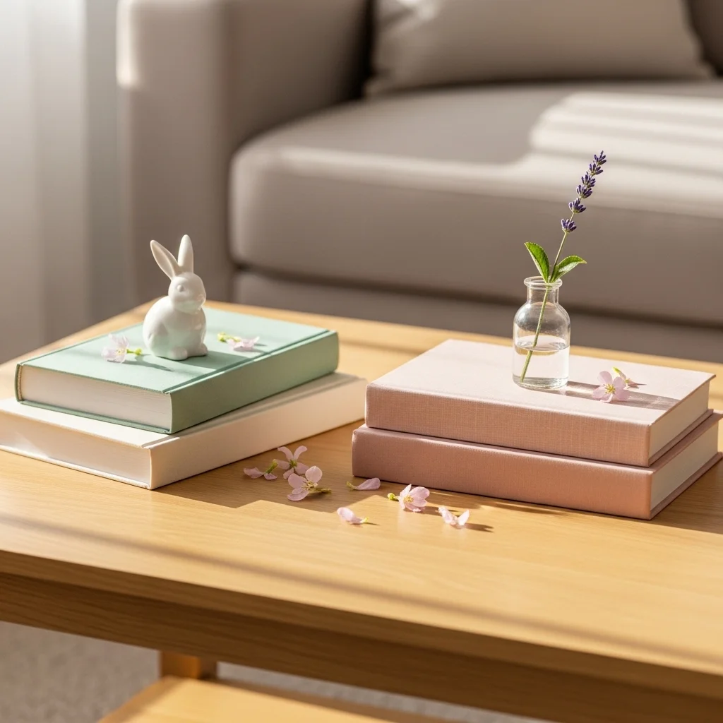 Spring coffee table styled with sage cream and blush book stacks as risers holding white ceramic bunny and lavender bud vase for spring coffee table styling ideas
