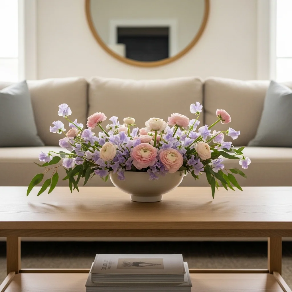 Wide cream ceramic bowl with blush ranunculus lavender sweet peas and eucalyptus as spring coffee table centrepiece on light wood table for spring coffee table centerpiece ideas