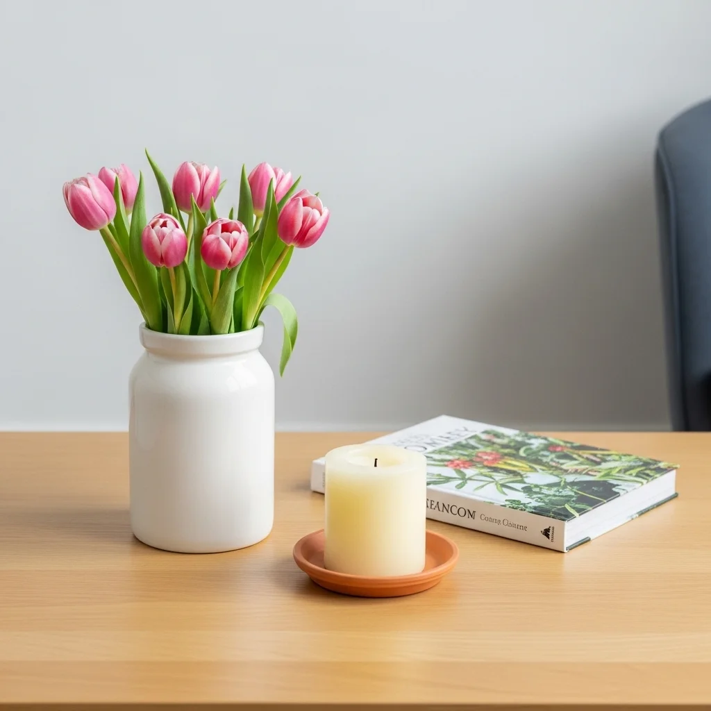 Budget spring coffee table decor with repurposed ceramic jar holding pink tulips terracotta candle saucer and botanical hardback book on light wood table