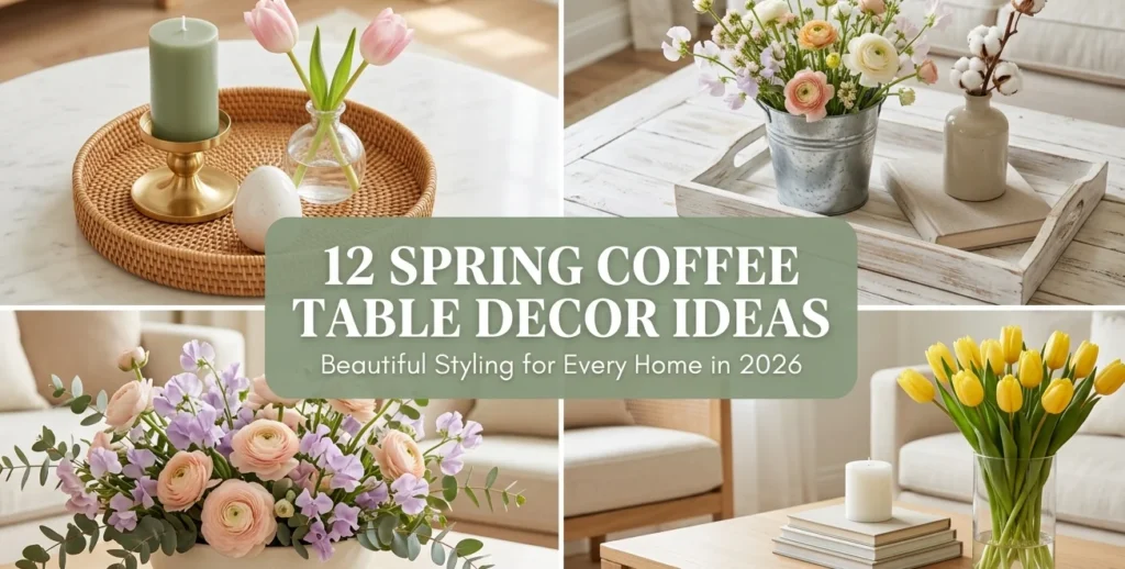 12 spring coffee table decor ideas collage showing rattan tray with sage candle and tulips farmhouse wood tray with wildflowers blush ranunculus floral centerpiece and minimal yellow tulip table for spring coffee table styling ideas 2026