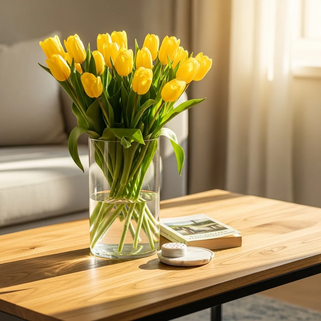 Tall clear glass vase with generous bunch of fresh yellow tulips as spring coffee table decor with flowers on natural wood table in bright living room