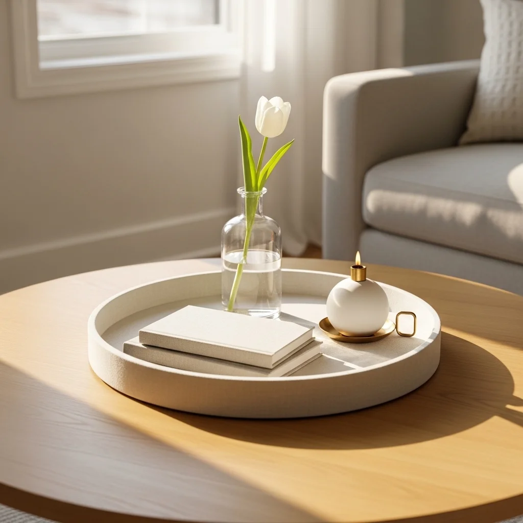Clean and simply styled spring coffee table with linen tray book stack white tulip vase and brass candle holder for spring coffee table styling ideas 2026