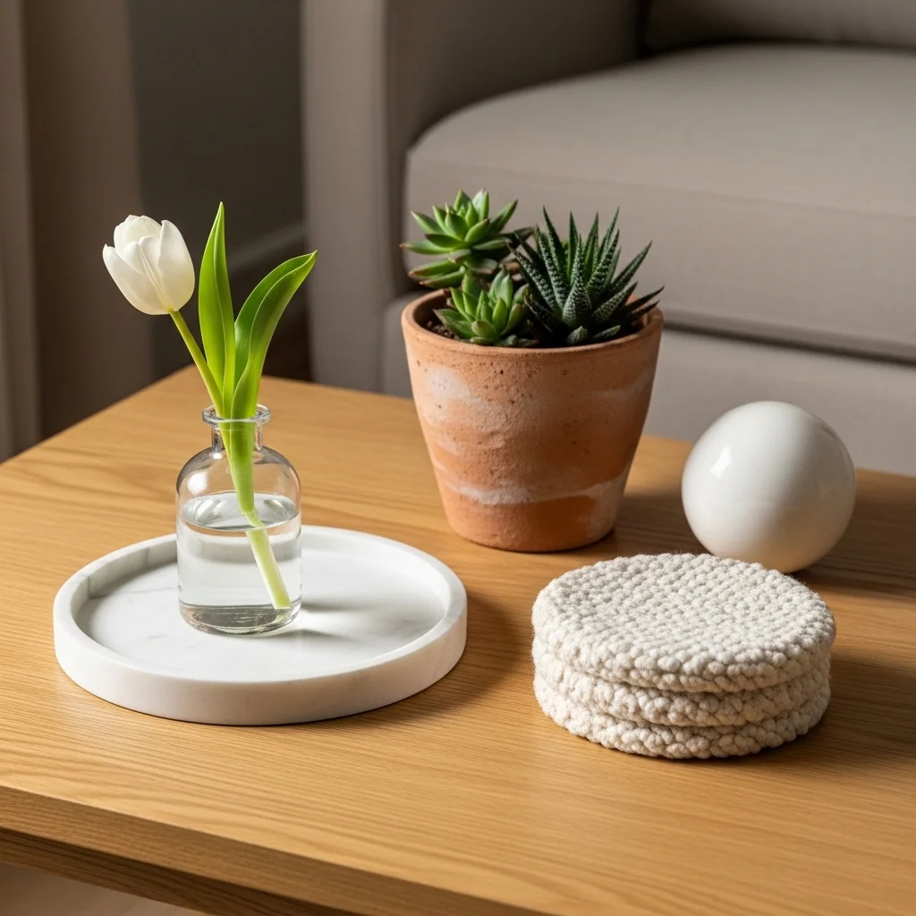  Textured spring coffee table with marble tray clear tulip vase terracotta succulent pot boucle coaster and white sphere for layered spring coffee table styling ideas
