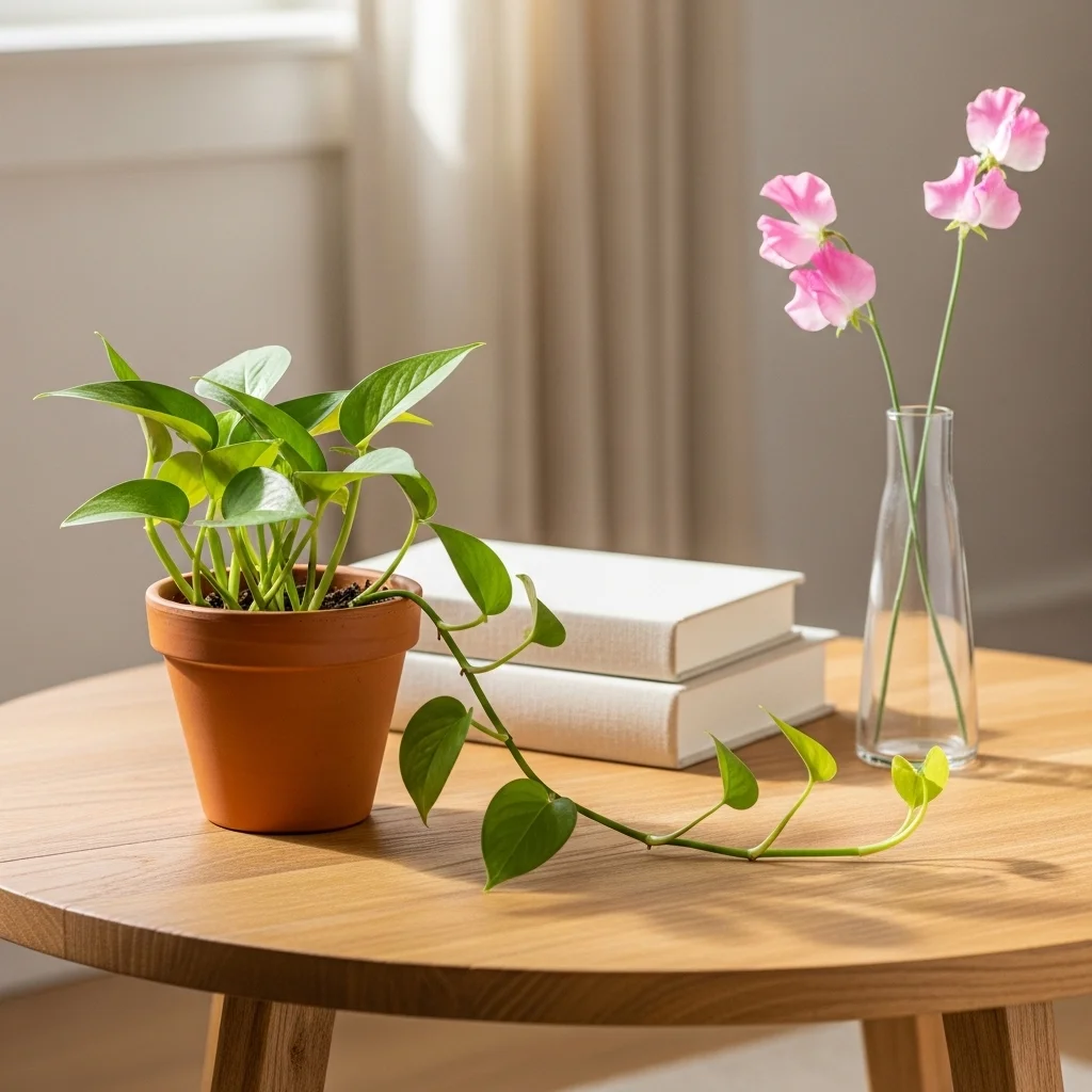 Spring coffee table with small trailing pothos in terracotta pot cream linen book stack and pink sweet pea bud vase on round wood table for spring coffee table decor with flowers ideas
