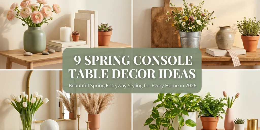 9 spring console table decor ideas collage showing cohesive sage and blush spring console table styling farmhouse console table with galvanized wildflowers and linen book elegant entryway console table with white tulips and brass mirror and plant forward spring console table with trailing pothos and fern for spring console table decor ideas 2026
