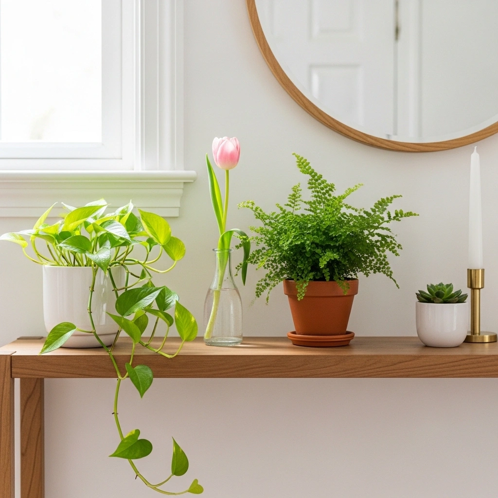 Spring console table decor with plants featuring trailing pothos in white ceramic pot compact terracotta fern blush tulip bud vase and succulent beside brass candle on natural wood slim console table for spring console table decor with plants ideas 2026