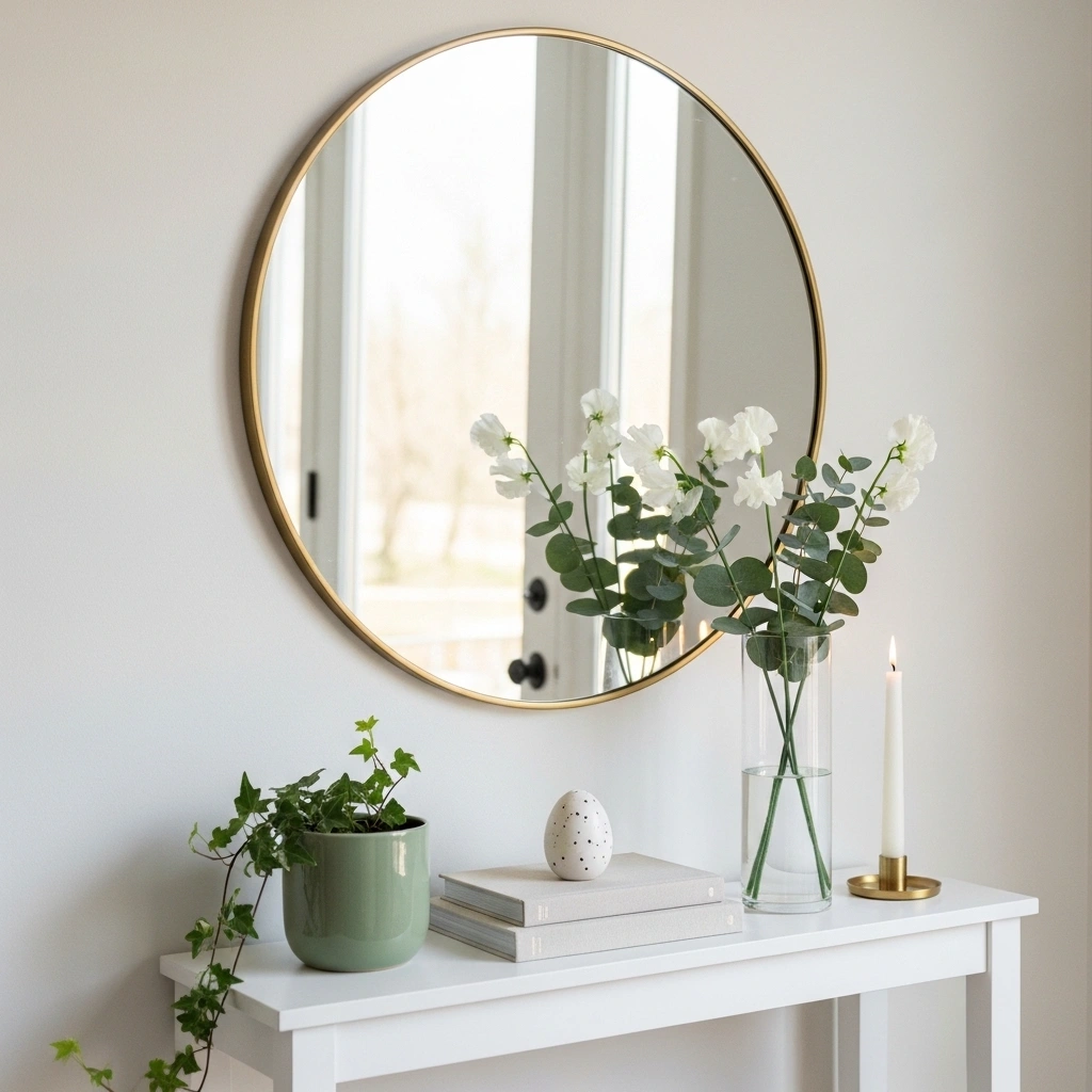 Spring console table decor with mirror featuring round brass frame mirror reflecting white sweet pea vase sage ivy pot cream book stack ceramic egg and brass taper candle on white painted console table for spring console table decor with mirror ideas 2026