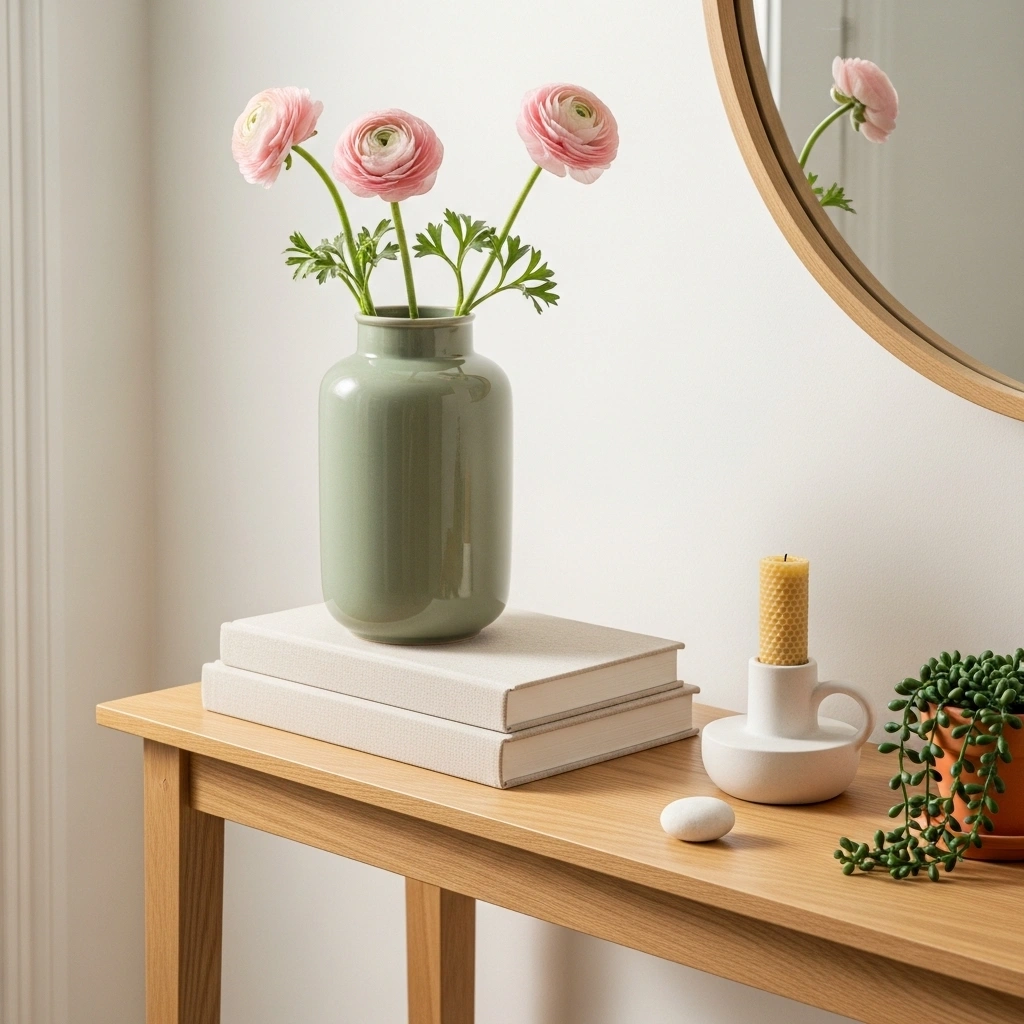 Spring console table styling with sage ceramic vase blush ranunculus cream linen books white candle terracotta succulent and smooth pebble on natural oak slim console table for spring console table styling ideas 2026