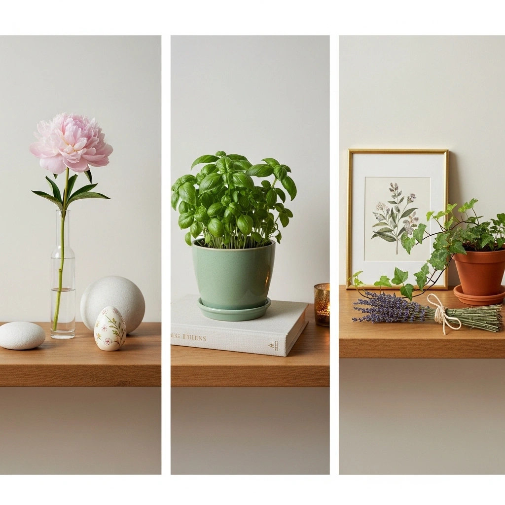  Spring console table vignette ideas showing three separate styled sections with blush peony stone ceramic egg center sage basil book brass candle and right botanical print ivy lavender bundle on natural wood console table for spring console table vignette ideas 2026
