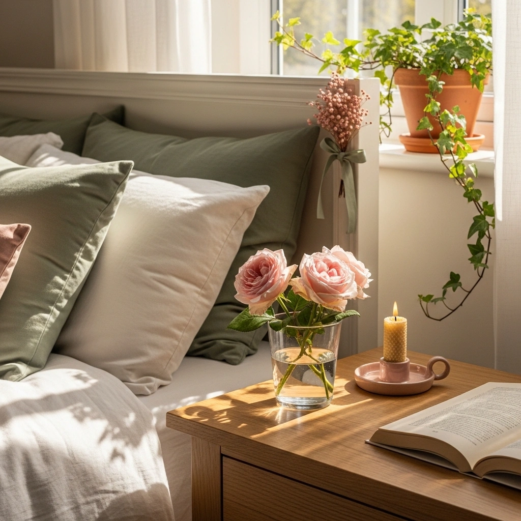 Spring cottage bedroom finishing touches with fresh blush garden roses clear glass water nightstand cream beeswax candle blush ceramic holder open novel dried blush flower posy sage green ribbon on vintage headboard and trailing ivy terracotta pot on windowsill in warm morning sunlight for spring cottage bedroom finishing touches ideas 2026