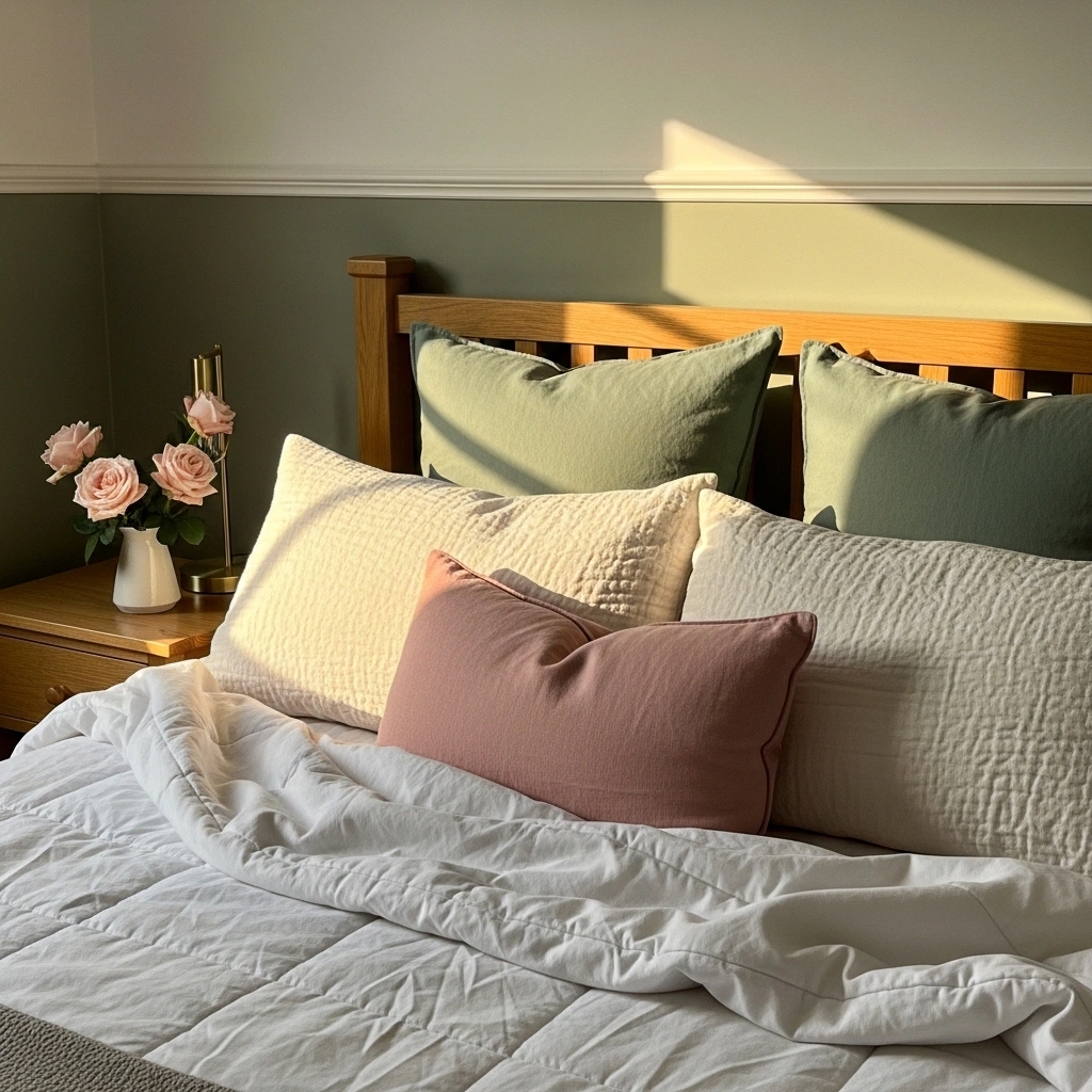  Spring cottage bedroom ideas with muted green and pink colour combination featuring sage green linen euro pillows blush rose accent pillow cream textured pillowcases natural oak bed frame white quilted duvet white garden roses brass lamp and sage green painted wall in warm golden morning window light for spring cottage bedroom ideas 2026