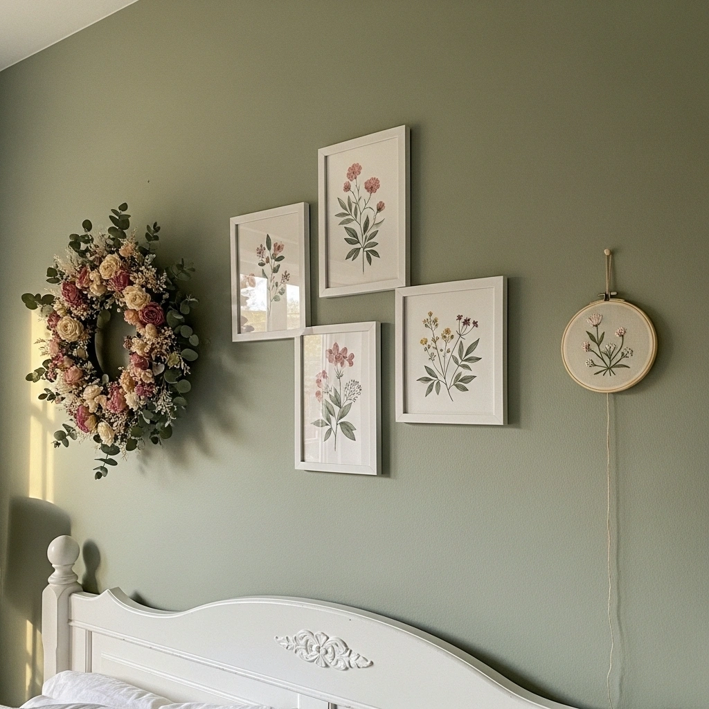 Spring cottage bedroom wall decor with three botanical watercolour prints matching white frames gallery arrangement dried blush cream eucalyptus flower wreath and botanical embroidered hoop on sage green wall above white vintage headboard in warm afternoon window light for spring cottage bedroom wall decor ideas 2026