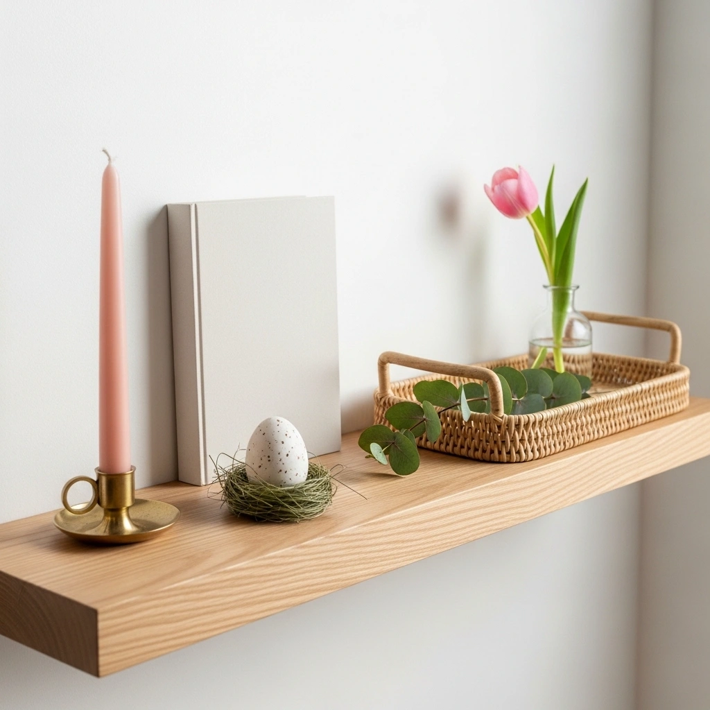 Freshly refreshed spring shelf decor with blush taper candle brass holder cream spine book speckled ceramic egg rattan tray eucalyptus sprig and pink tulip bud vase for spring decor for shelves ideas 2026