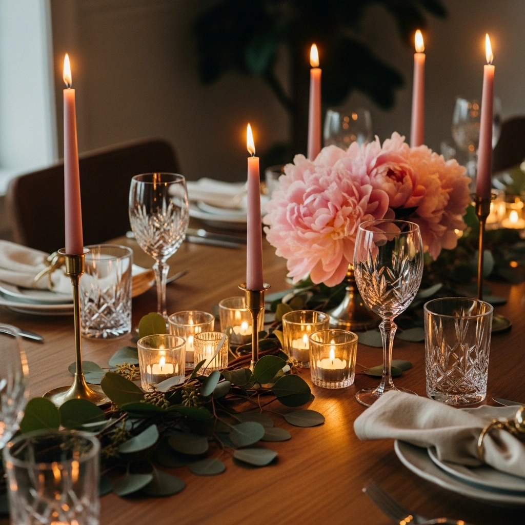 Spring dining table candle display with lit brass taper blush candles crystal glass reflections scattered tea lights and blush peony centrepiece for spring dining room design ideas 2026