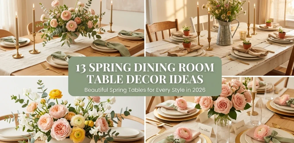 13 spring dining room table decor ideas collage showing cohesive blush sage dining table farmhouse spring table with wildflowers spring dining table with fresh flower centerpiece and seasonal celebration place settings with name cards for beautiful spring table decor 2026