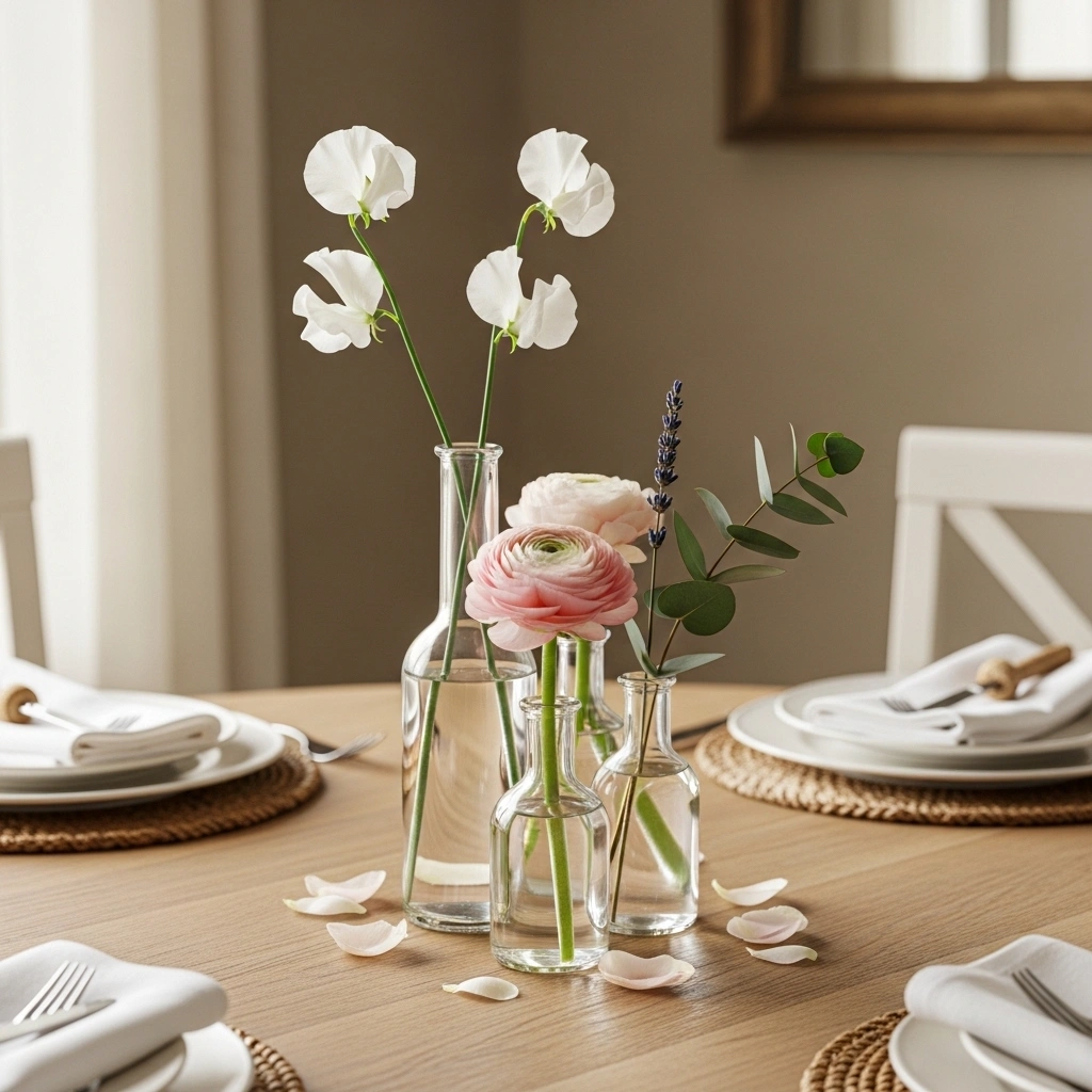 Spring dining table centerpiece with three grouped clear glass bud vases of different heights holding sweet peas ranunculus and eucalyptus with scattered petals for spring dining table centerpiece ideas 2026