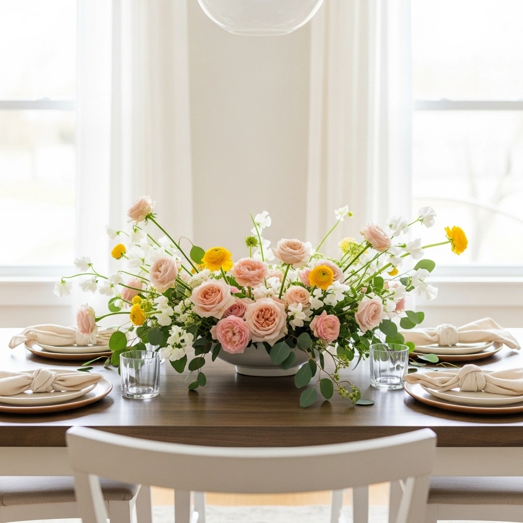  Spring dining table decor with flowers featuring lush informal arrangement of blush garden roses yellow ranunculus white sweet peas and eucalyptus in wide ceramic bowl for spring dining table with flowers ideas 2026