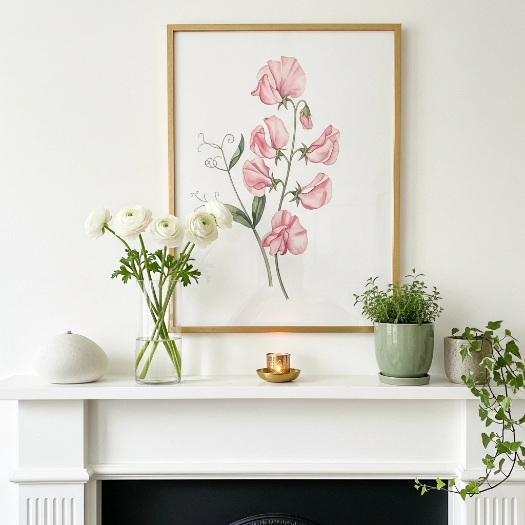  Spring fireplace decor ideas on a budget with layered display showing botanical print backdrop middle layer white ranunculus vase sage herb pot and front edge white stone brass tea light and trailing ivy over mantel edge on white painted fireplace for spring fireplace decor ideas on a budget 2026