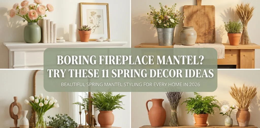 11 spring fireplace mantel decor ideas on a budget collage showing cohesive sage and blush spring mantel decorating farmhouse spring mantel with galvanized wildflowers and linen runner modern farmhouse spring mantel with brass mirror and tulip vase and rustic spring mantel with dried pampas grass lavender and white peony for spring fireplace mantel decor ideas on a budget 2026