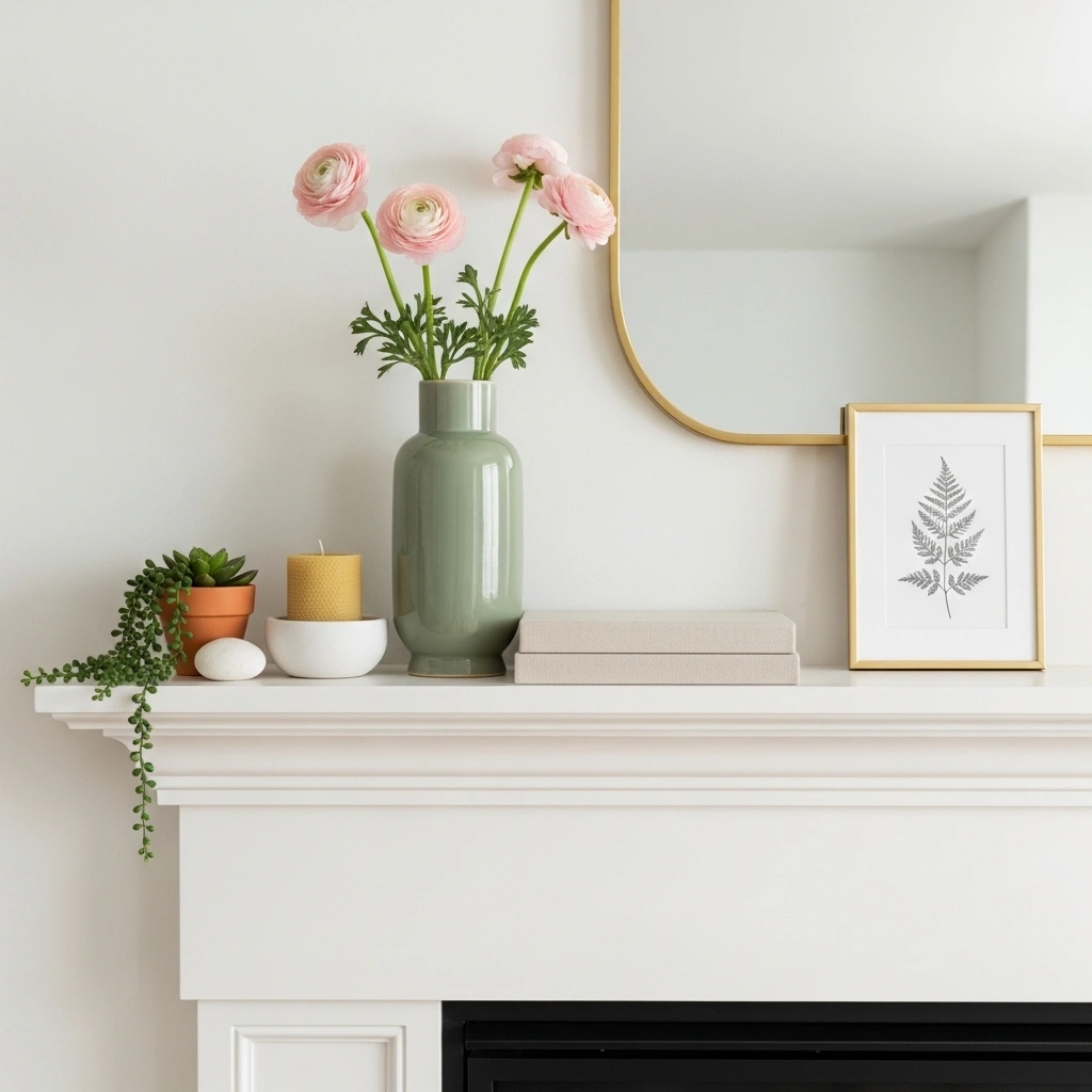 Spring fireplace mantel decorating ideas with sage ceramic vase blush ranunculus cream linen books white pillar candle terracotta succulent white stone and gold framed botanical print on white painted mantel for spring fireplace mantel decorating ideas 2026