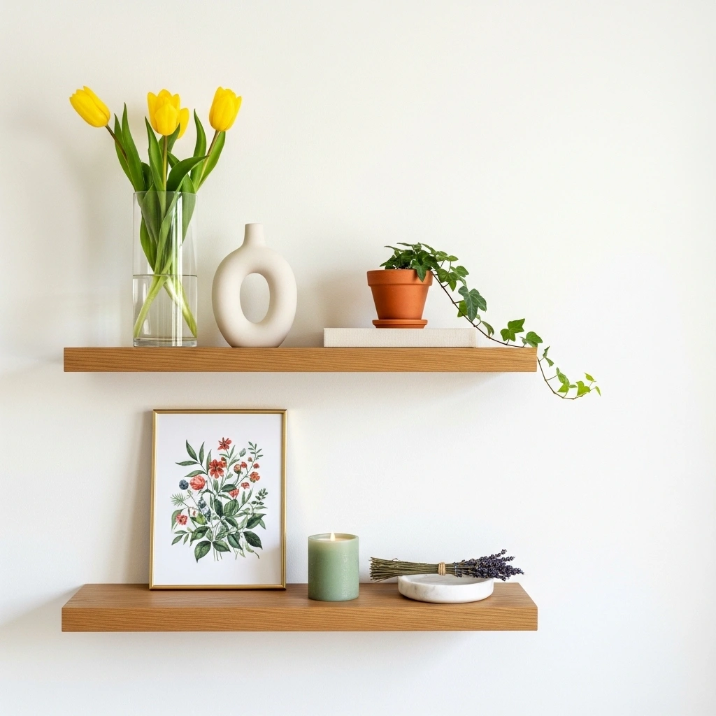 Spring floating shelf decor with yellow tulip vase white ceramic sculpture trailing ivy terracotta and linen book on upper shelf and botanical print sage candle marble dish on lower shelf for spring floating shelf decor ideas