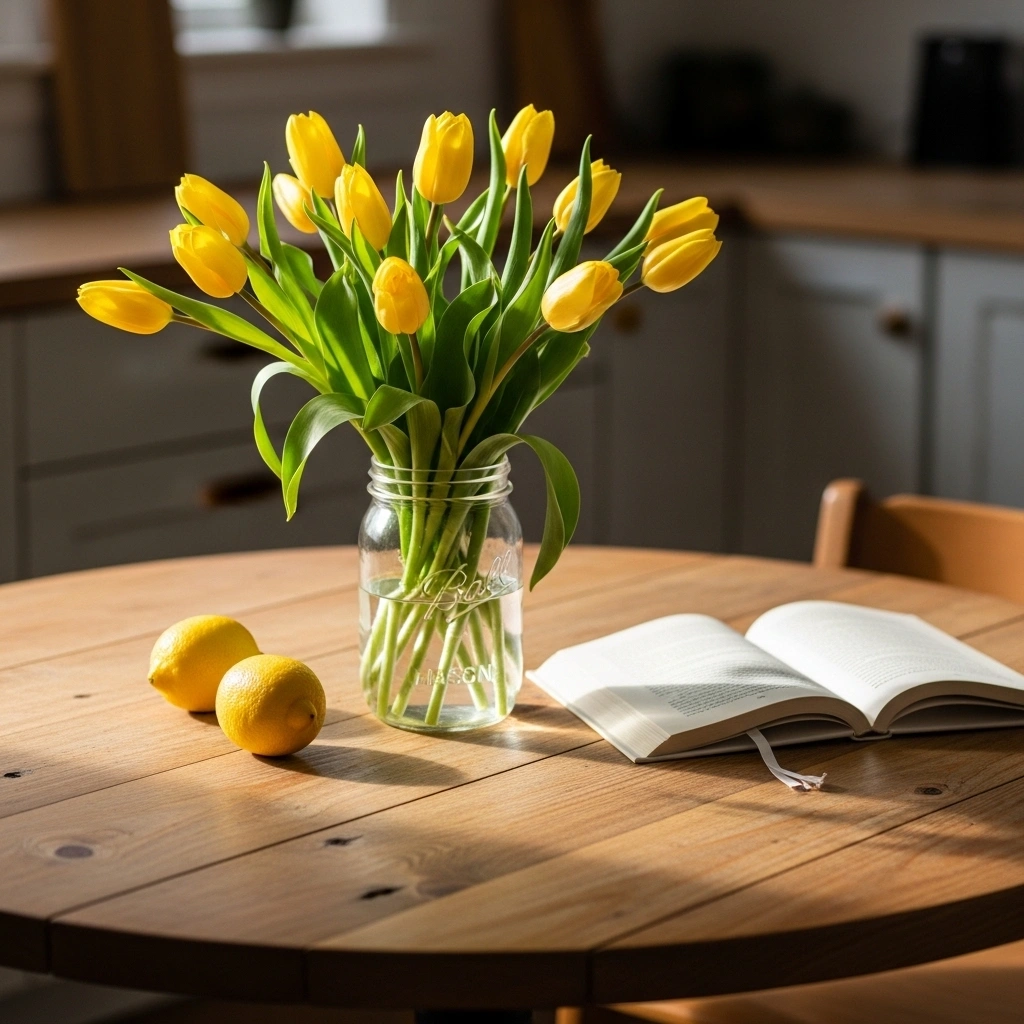 Everyday spring kitchen table centrepiece with clear glass mason jar of fresh yellow tulips two lemons and open paperback on natural wood table in warm morning window light for spring floral centerpieces for kitchen table ideas