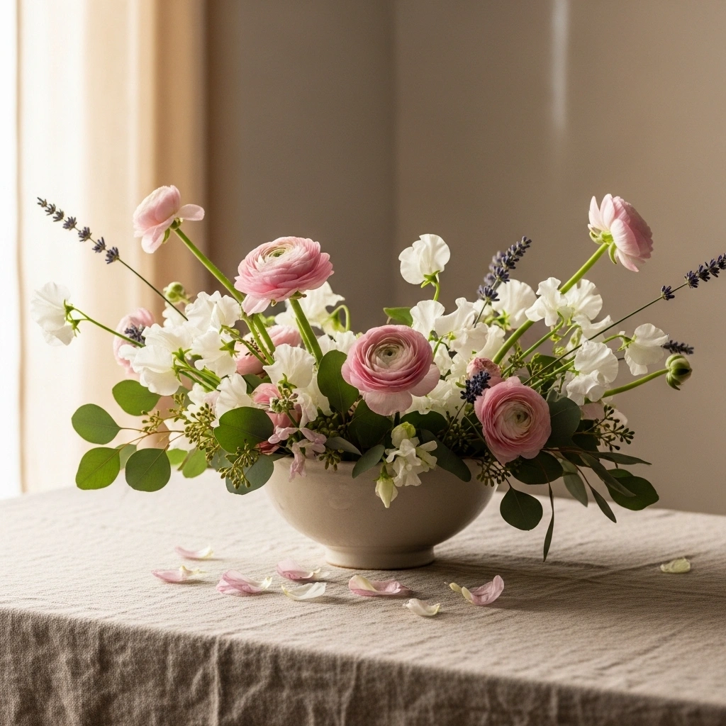 Wide cream ceramic bowl with lush loose blush ranunculus white sweet peas trailing eucalyptus and lavender as garden-gathered spring flower centrepiece on linen tablecloth for spring flower centerpiece ideas 2026