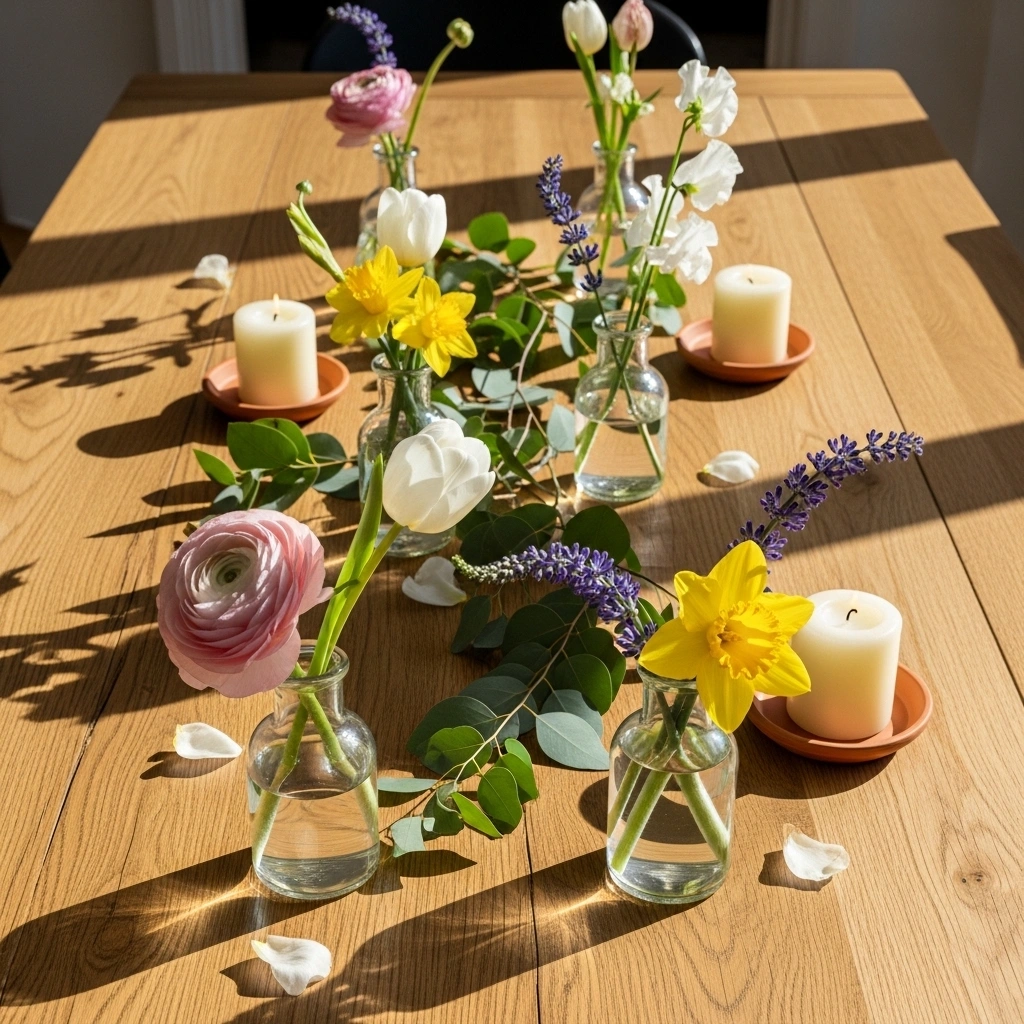Spring flowers centerpiece table decorations with five different spring flower bud vases eucalyptus branches cream pillar candles and scattered petals as table runner on natural oak dining table