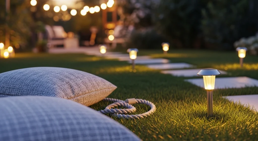 Bright spring garden lighting ideas with natural light, outdoor string lights and solar pathway setups for budget backyards