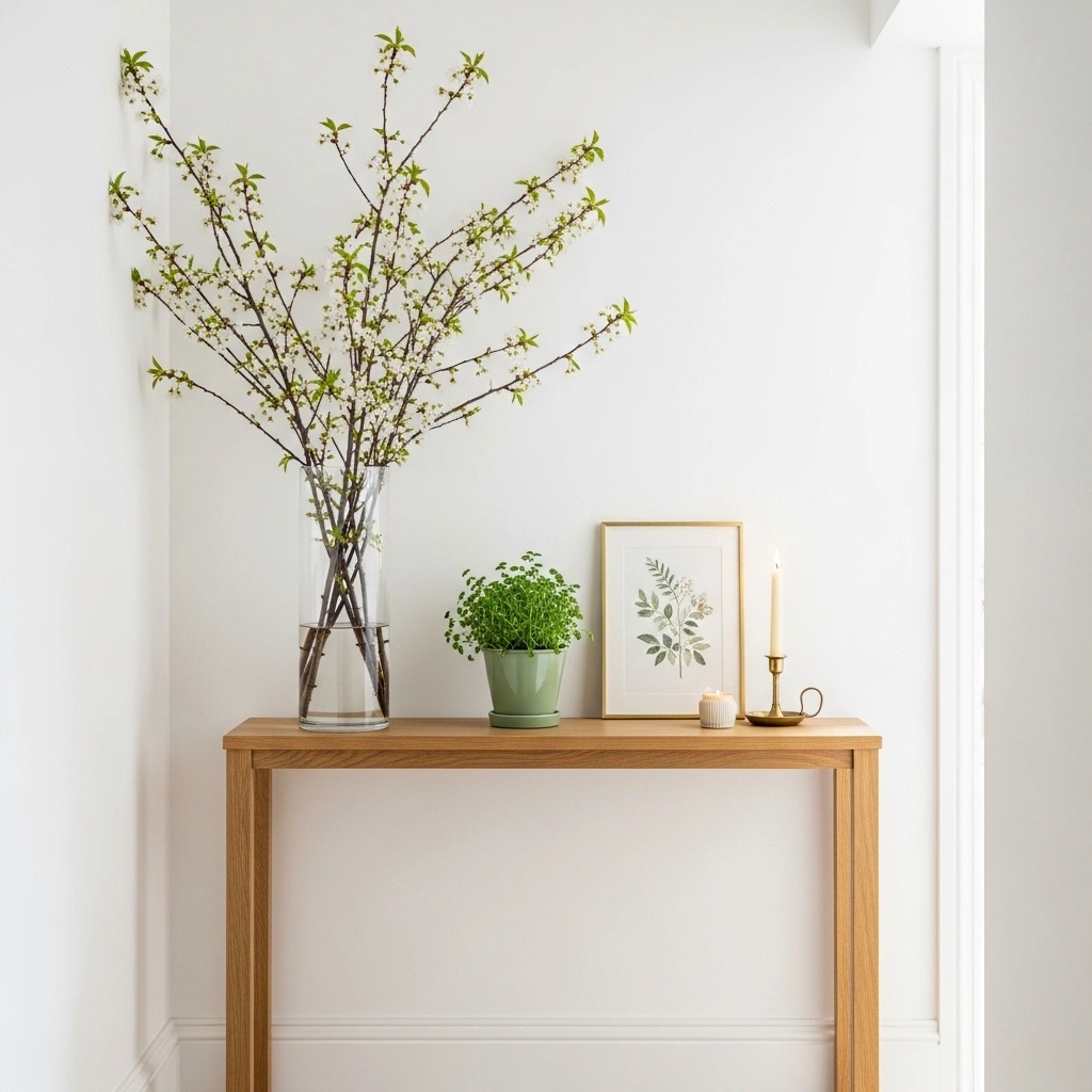 Spring hallway console table decor with tall cherry blossom branch vase sage herb pot brass taper candle and leaning botanical print on slim natural oak console table in narrow white hallway for spring hallway console table decor ideas 2026
