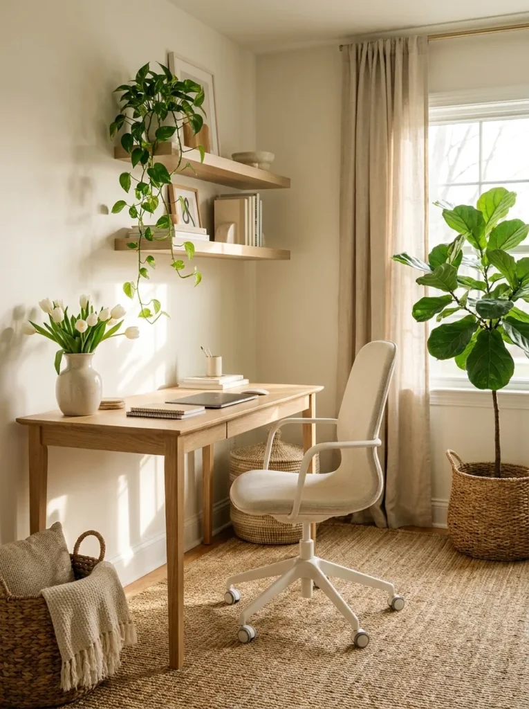 Modern spring home office with indoor plants, fresh flowers, natural wood furniture, and bright daylight.