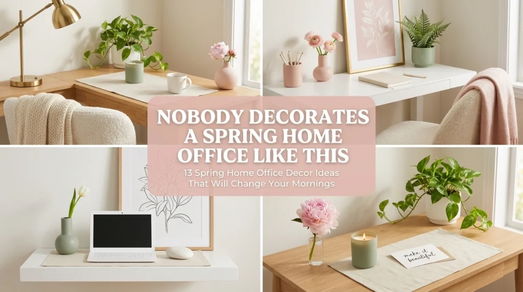 Nobody decorates a spring home office like this — 13 spring home office decor ideas collage showing cozy spring home office with cream throw and blush peony sophisticated pink home office with blush ceramic organiser and sage fern minimal spring home office with white tulip and botanical print and spring home office finishing touches with fresh peony sage candle and trailing pothos for spring home office decor ideas 2026