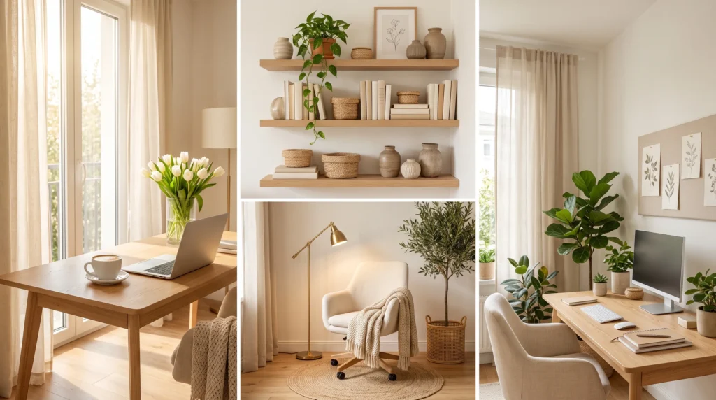 Collage of bright spring home office decor ideas featuring natural light, indoor plants, organized storage, and layered lighting.