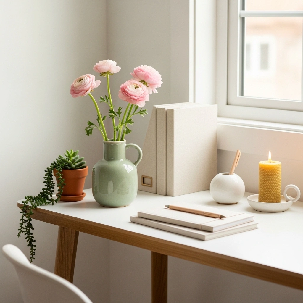  Spring home office decor ideas with cohesive sage green blush and cream palette featuring ceramic vase blush ranunculus cream linen notebooks white pen holder terracotta succulent and cream beeswax candle on natural oak desk for spring home office decor ideas 2026