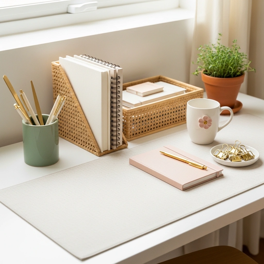 Spring home office desk accessory refresh with sage ceramic pen holder cream gold pens brass letter opener cream linen desk mat rattan file organiser blush linen notebook gold pen white floral mug brass binder clips and terracotta thyme pot coordinated in cream sage blush gold palette for spring home office refresh ideas 2026