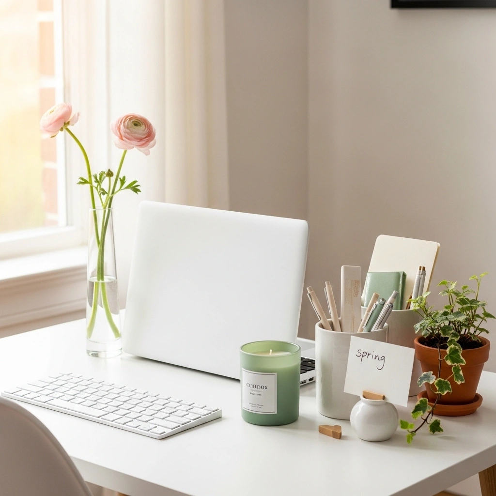Spring home office desk decor ideas with blush ranunculus bud vase beside laptop sage green ceramic candle beside keyboard trailing ivy terracotta pot coordinated cream sage stationery in white pen holder and handwritten spring note card on slim white desk for spring home office desk decor ideas 2026
