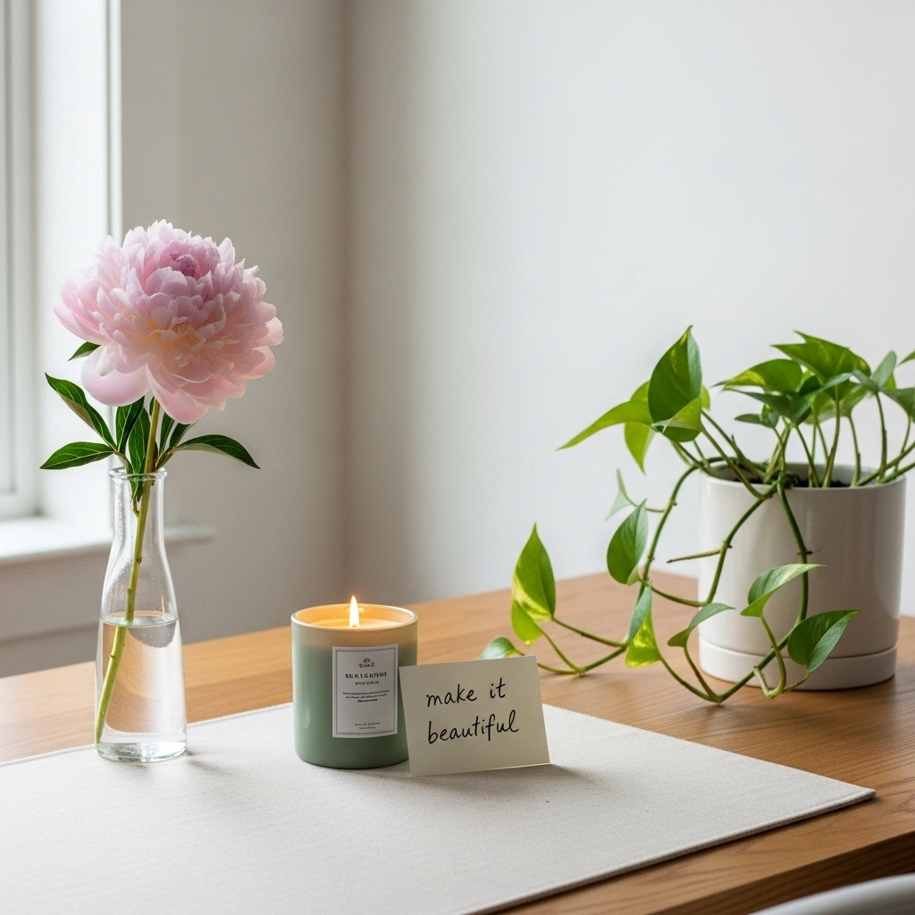 Spring home office decor finishing touches with fresh blush peony slim glass vase sage green scented candle burning make it beautiful handwritten note card trailing pothos white ceramic pot with new spring growth and cream linen desk mat on natural oak desk for spring home office decor ideas finishing touches 2026