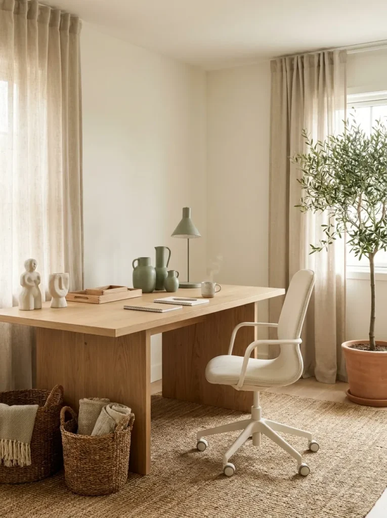 Spring home office decorated with warm white walls, light wood furniture, soft sage green accents, and natural textures.